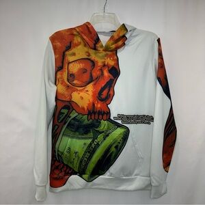 Graphic Skull Print Men's Jersey Hoodie White and Orange